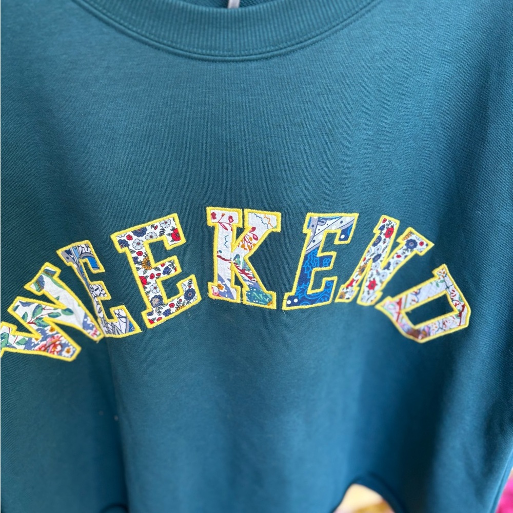 Anthropologie Teal 'WEEKEND' Appliqué Crewneck Sweatshirt